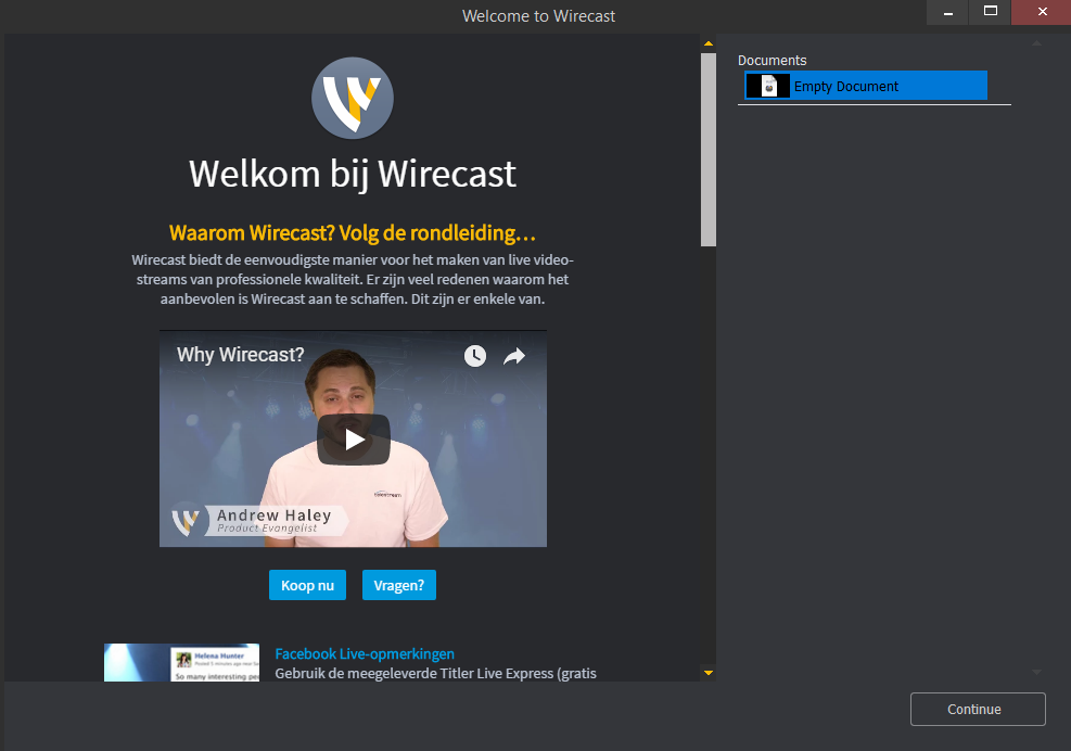 Image of the Wirecast start screen