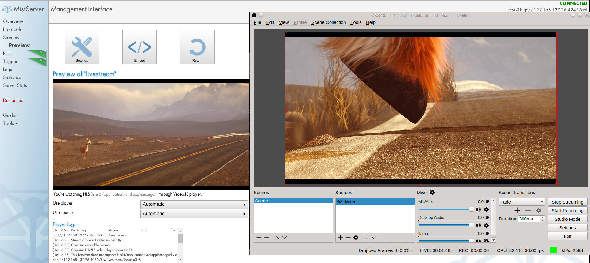 Image of the preview panel within MistServer showing video playback