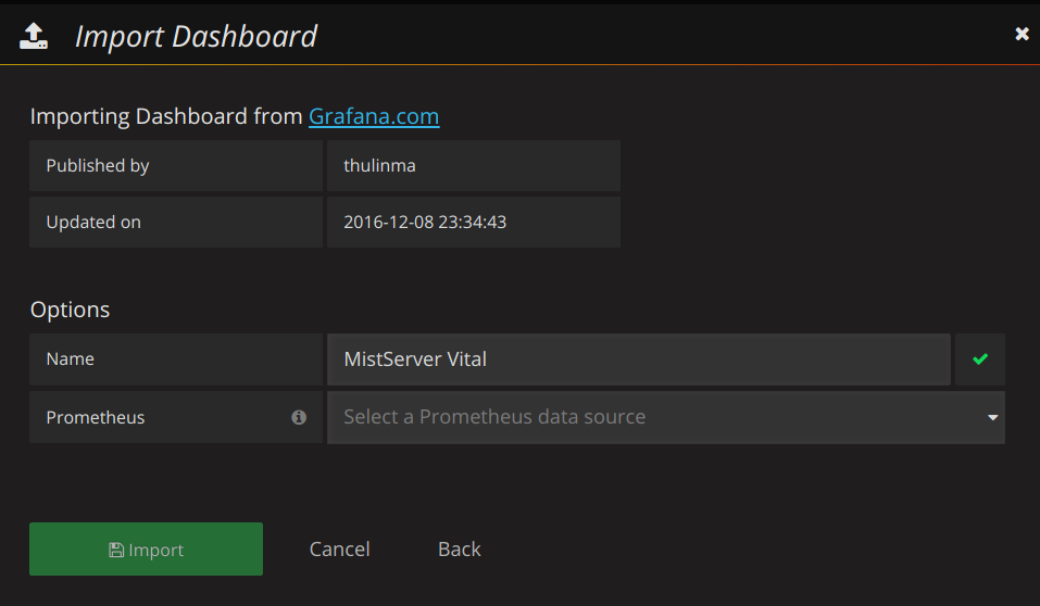 Image of importing the MistServer Vitals Dashboard into your Grafana