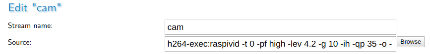 Image of stream configurations within MistServer to use Raspberry Pi camera as input